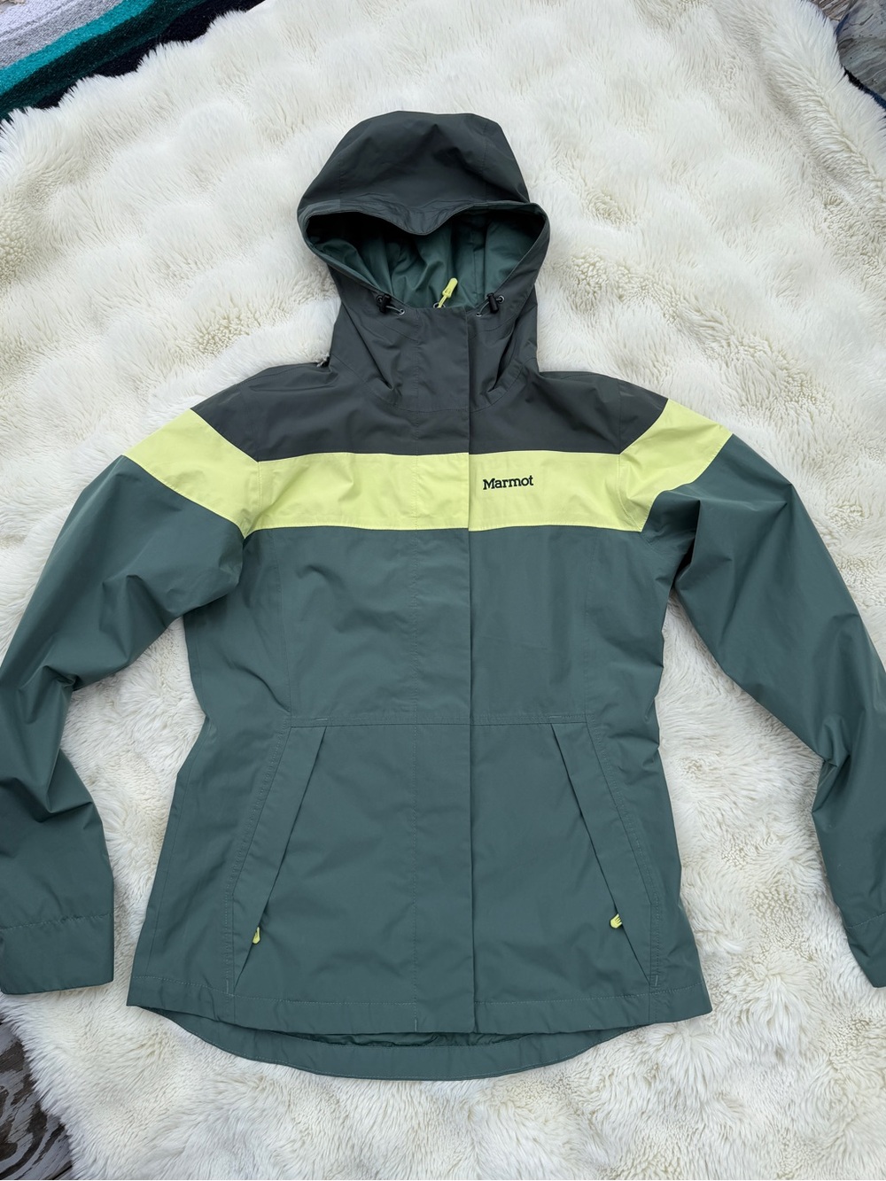 Marmot Roam Women's Hooded Shell Jacket in Dark Green with Lime Stripe
